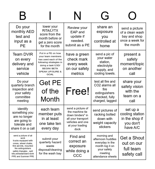 Safety Bingo JUNE Bingo Card