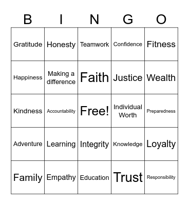 Values Bingo Card