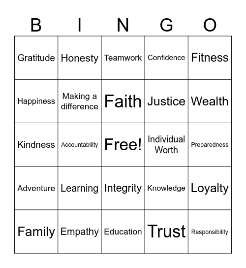 Values Bingo Card
