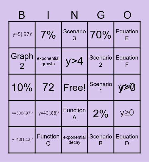 Exponential Equations Bingo Card