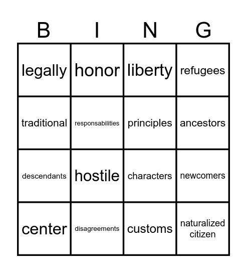 2nd Grade Unit 11: Immigration Bingo Card