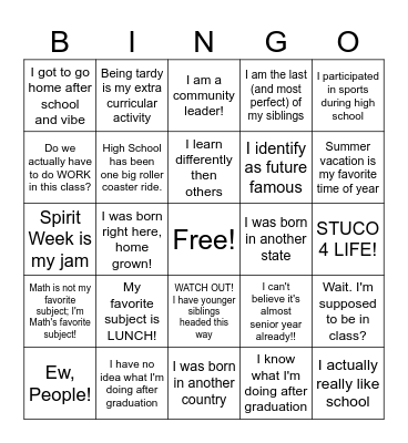 High School Life Bingo Card