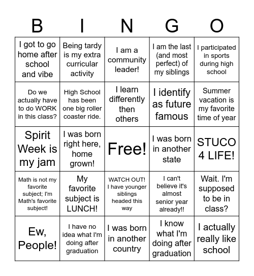 High School Life Bingo Card