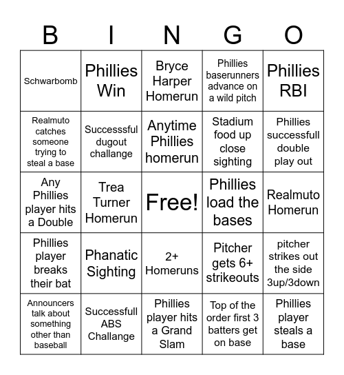 Philadelphia Phillies Bingo Card