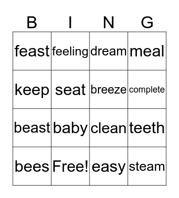 Long E Sounds Bingo Card