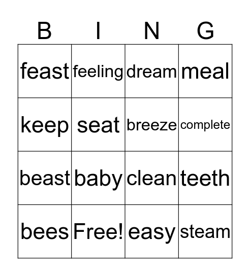 Long E Sounds Bingo Card
