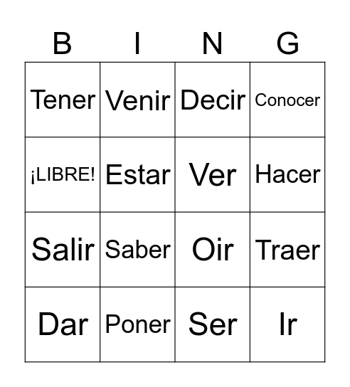 Verbos con Yo Irregulares Bingo Card