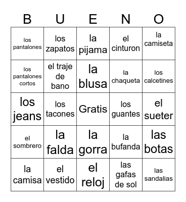 La ropa Bingo Card