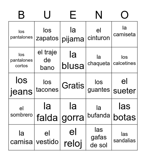 La ropa Bingo Card