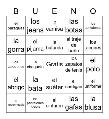 La Ropa Bingo Card