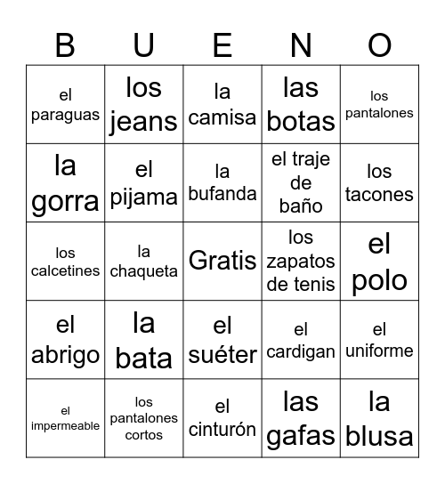 La Ropa Bingo Card