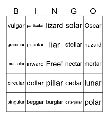 Words with /ar/ Bingo Card