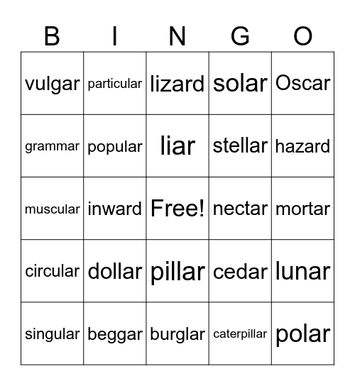Words with /ar/ Bingo Card