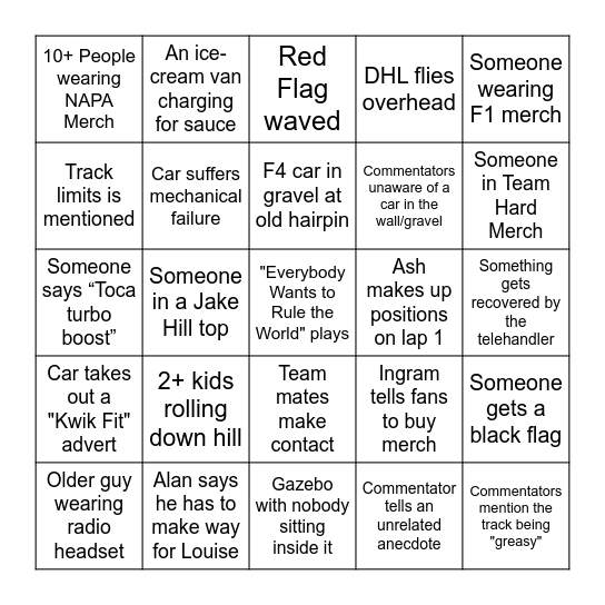 BTCC Trackside Bingo Card