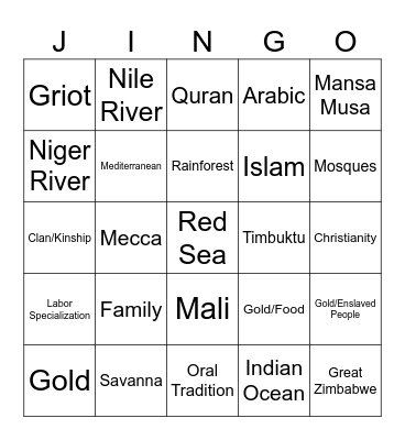 African Civilization (Medieval) Jingo Bingo Card