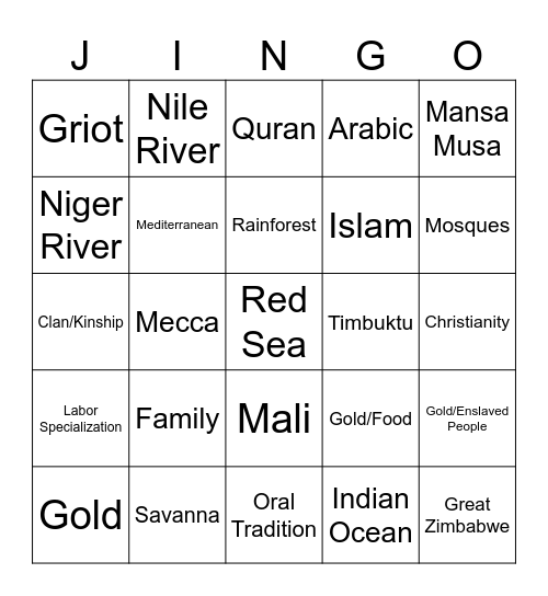 African Civilization (Medieval) Jingo Bingo Card
