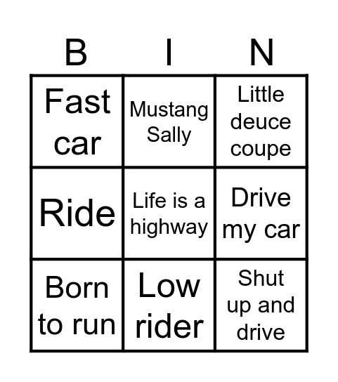 Muziek bingo CAR Bingo Card