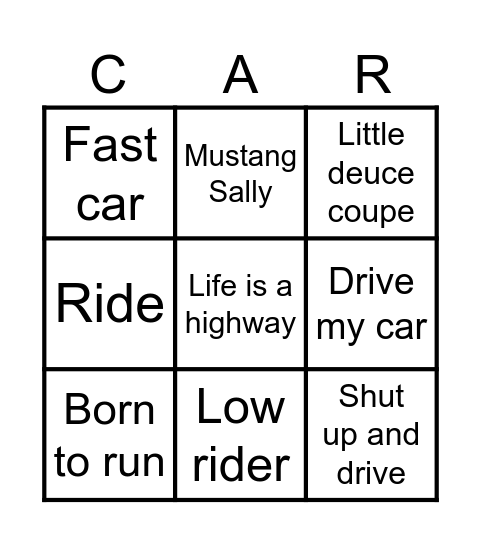 Muziek bingo CAR Bingo Card