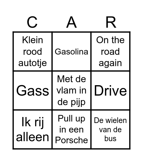 Muziek bingo CAR Bingo Card