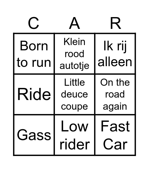 Muziek bingo CAR Bingo Card