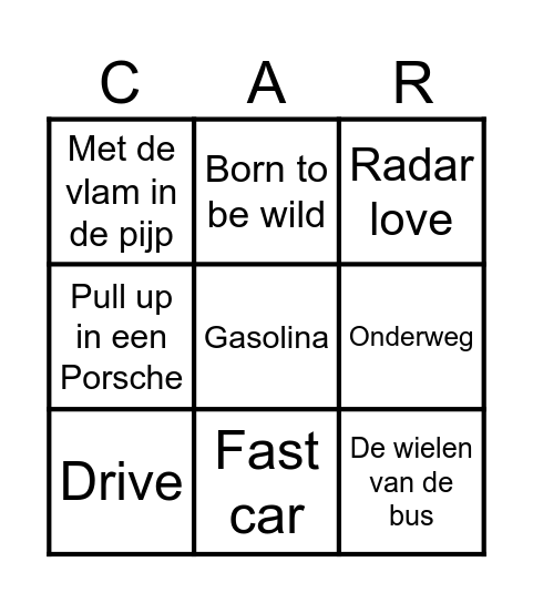 Muziek bingo CAR Bingo Card