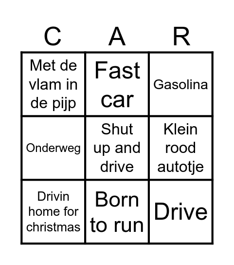 Muziek bingo CAR Bingo Card
