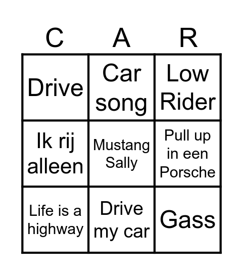 Muziek bingo CAR Bingo Card