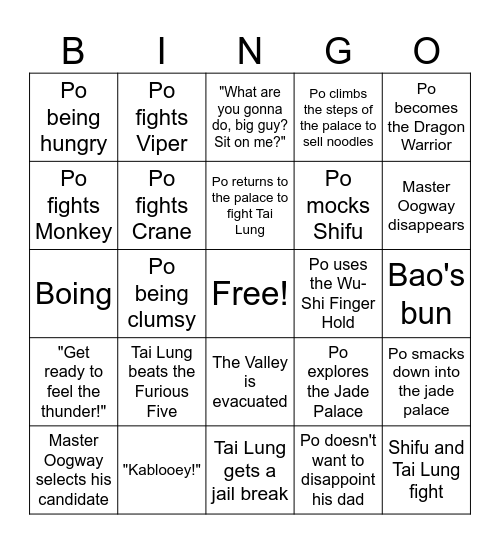 Kung Fu Panda Bingo Card