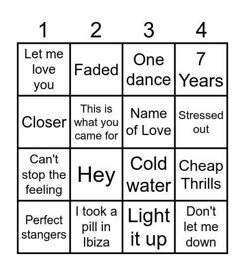 Muziek bingo Top 100 2016 Bingo Card