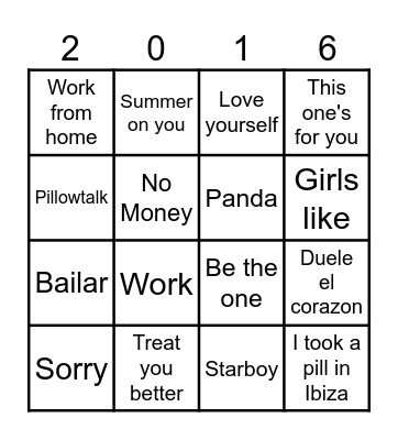 Muziek bingo Top 100 2016 Bingo Card