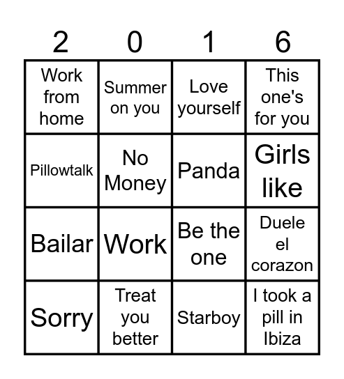 Muziek bingo Top 100 2016 Bingo Card