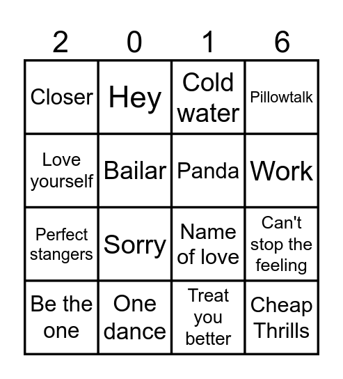 Muziek bingo Top 100 2016 Bingo Card