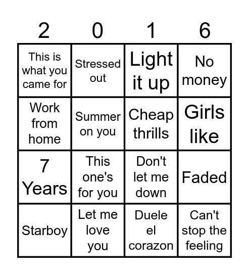 Muziek bingo Top 100 2016 Bingo Card