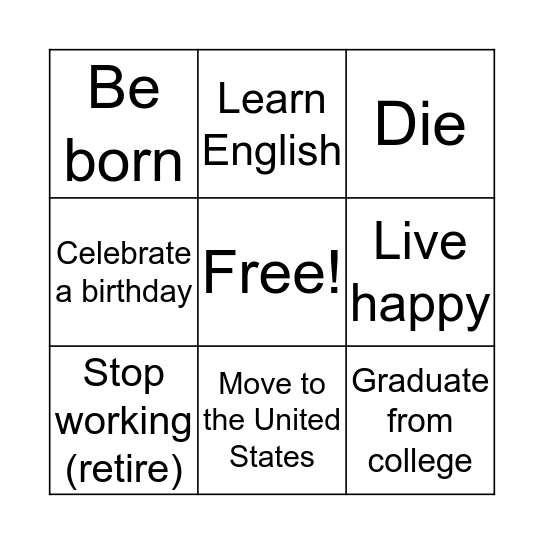 Important Life Events Bingo Card