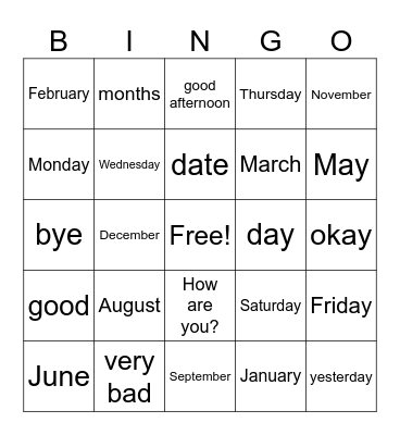 BEST Months and Year- English Bingo Card