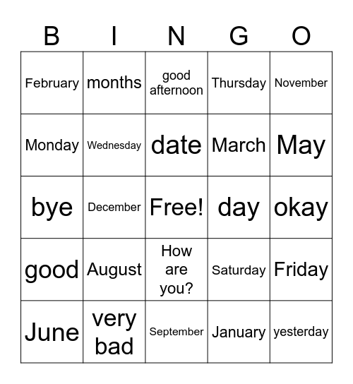 BEST Months and Year- English Bingo Card