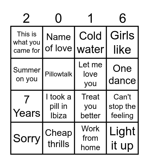 Muziek bingo Top 100 2016 Bingo Card