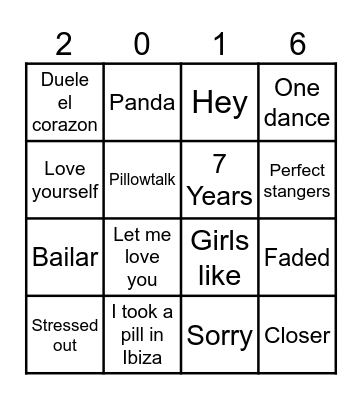 Muziek bingo Top 100 2016 Bingo Card