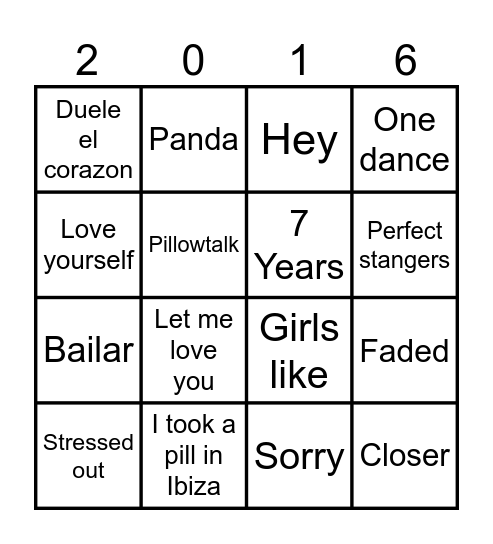 Muziek bingo Top 100 2016 Bingo Card
