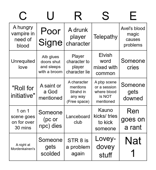 Curse of Strahd Bingo Card