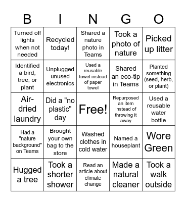 Earth Day Bingo Card