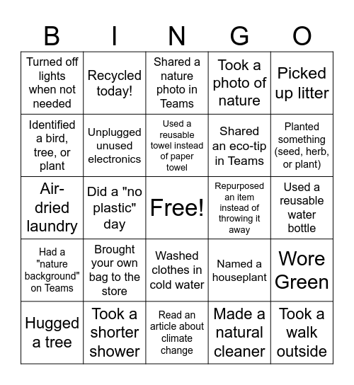 Earth Day Bingo Card