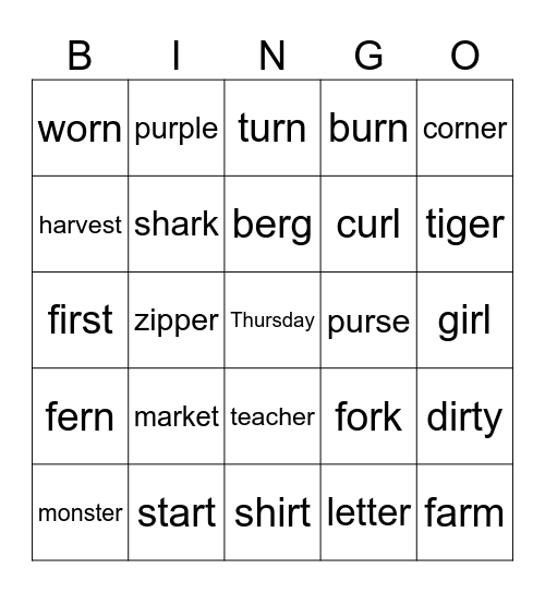 R - controlled vowel (bossy R) BINGO Card