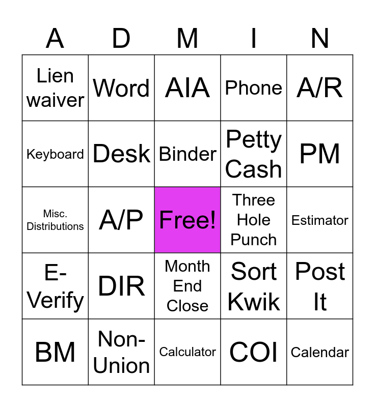 ADMIN BINGO Card