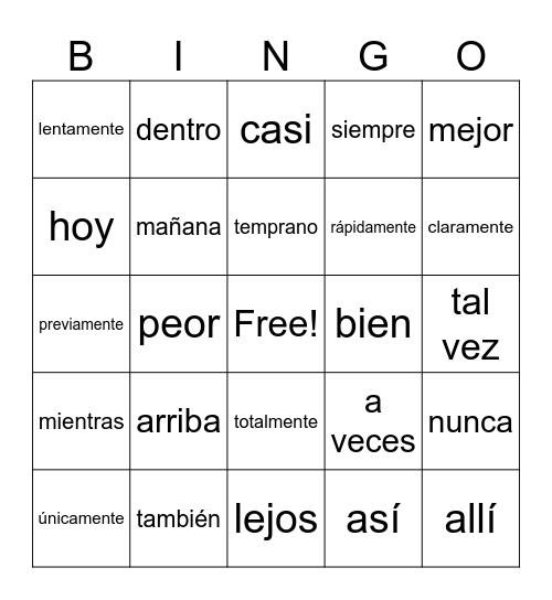 Adverbios Bingo Card