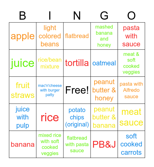 Food Chaining Bingo Card