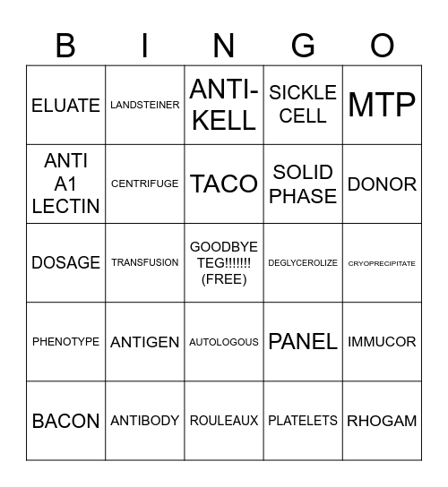 BLOOD BANK BINGO Card