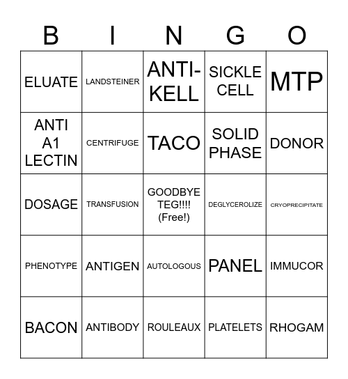 BLOOD BANK BINGO Card