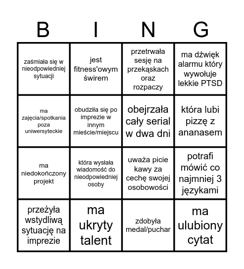 Znajdź osobę, która... Bingo Card
