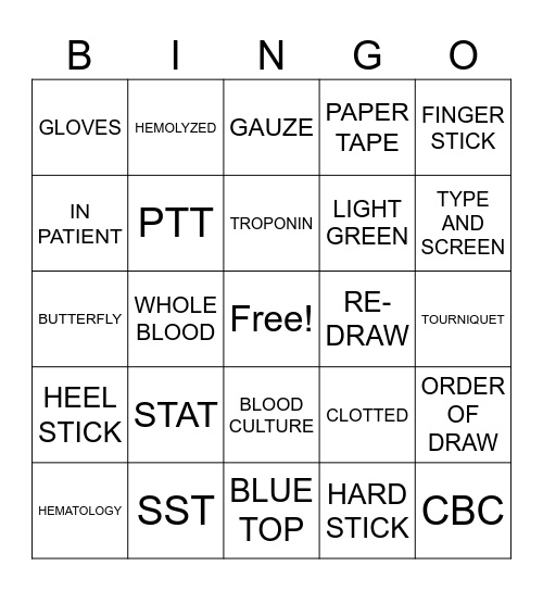 PHLEBOTOMY BINGO Card